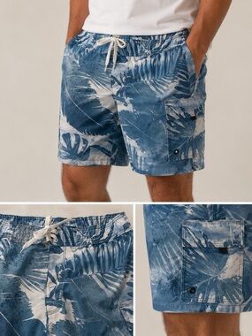 US Apparel Men's Blue Tropical Print Swim Shorts